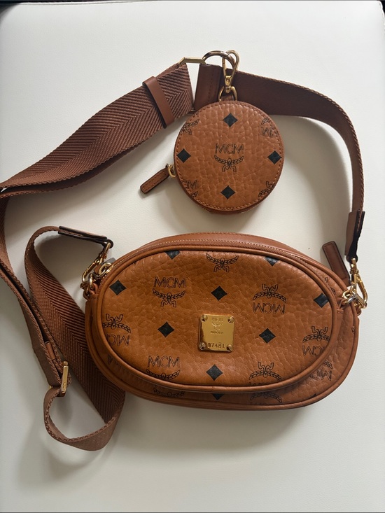 MCM Handbags - MCM Cognac Brown Visetos Leather Crossbody with Coin Pouch